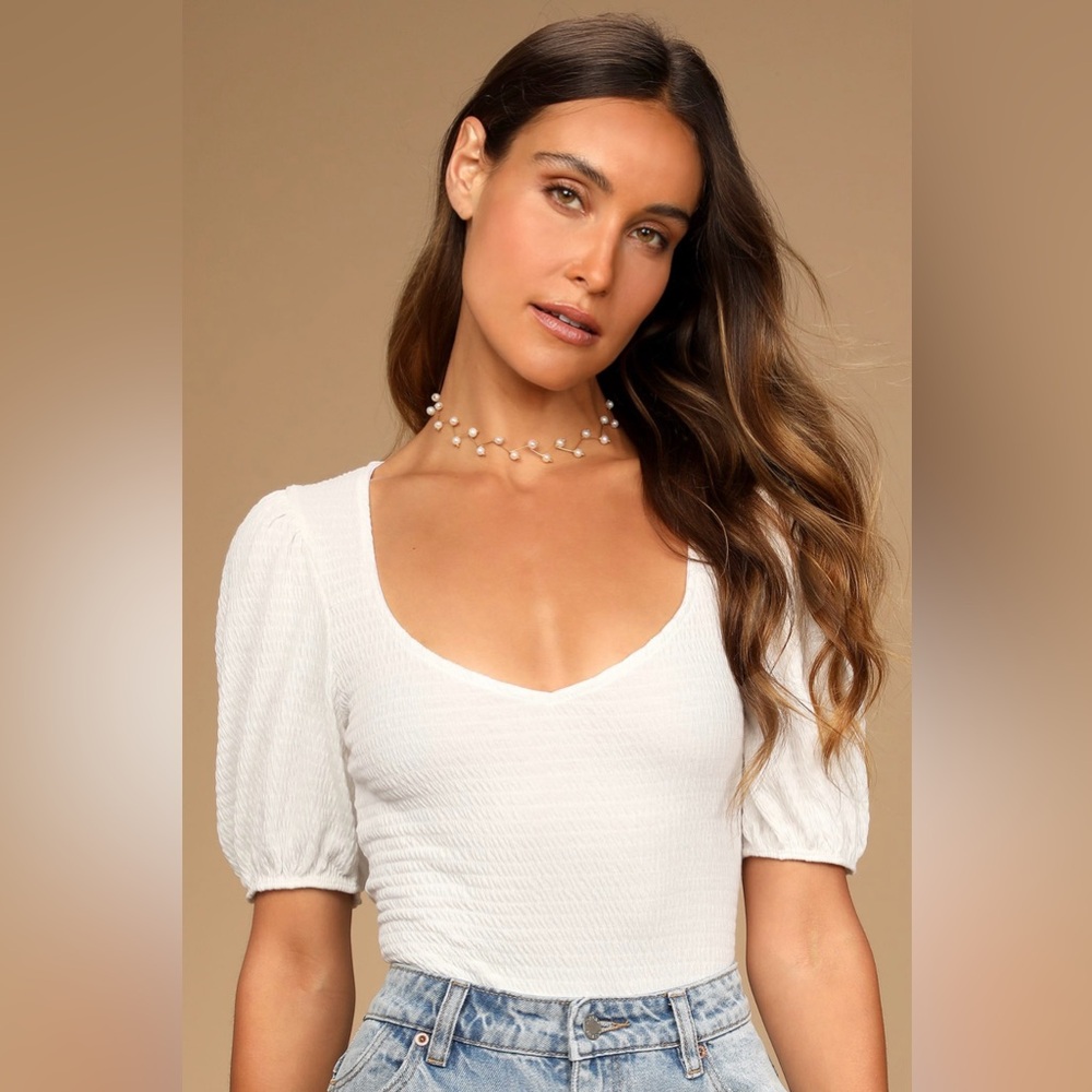 White Smocked Puff Sleeve Bodysuit XS